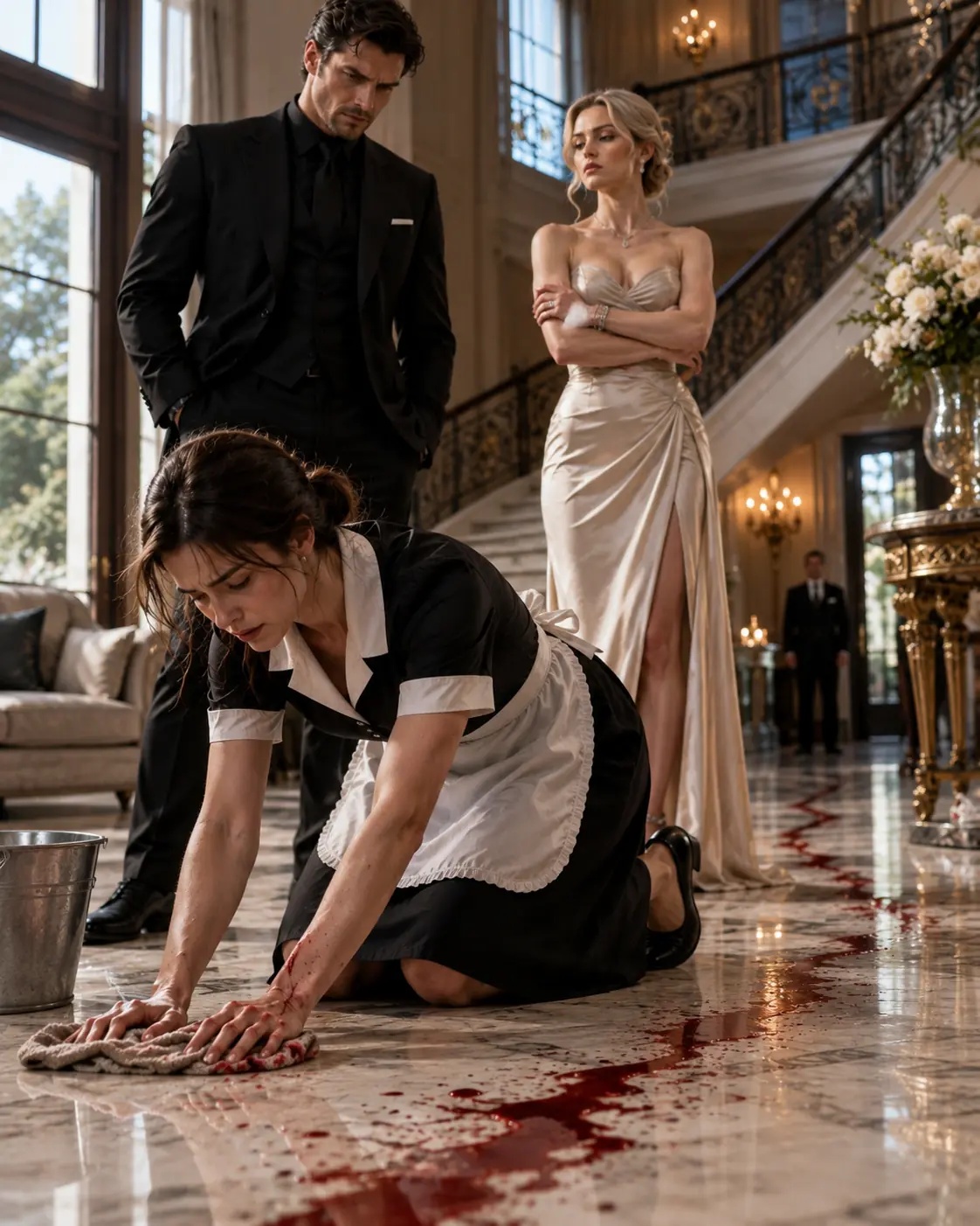 His fiancée ordered the bleeding maid to continue scrubbing—until the billionaire followed the trail of blood on the marble floor and uncovered the truth hidden beneath his family’s vast fortune.