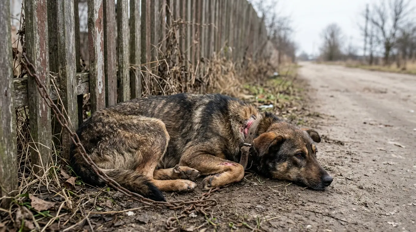 Emergency Dog Rescue Saves Chained Stray Dog After Days of Suffering Alone Beside an Abandoned Fence