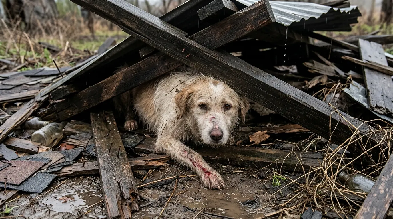 Emergency Rescue Saves Stray Dog Trapped Beneath Collapsed Shed After Devastating Storm