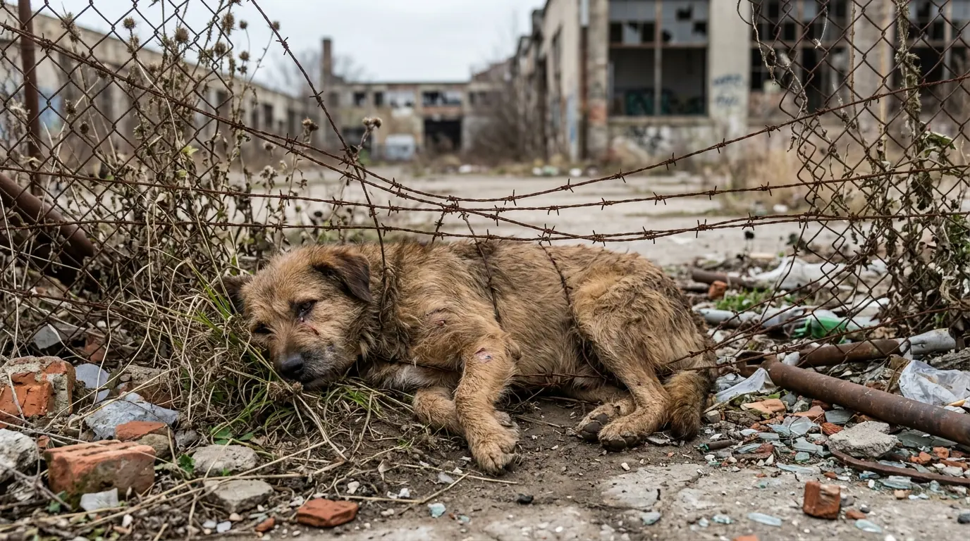 Emergency Animal Rescue Frees Stray Dog Trapped in Rusted Barbed Wire at Abandoned Industrial Site