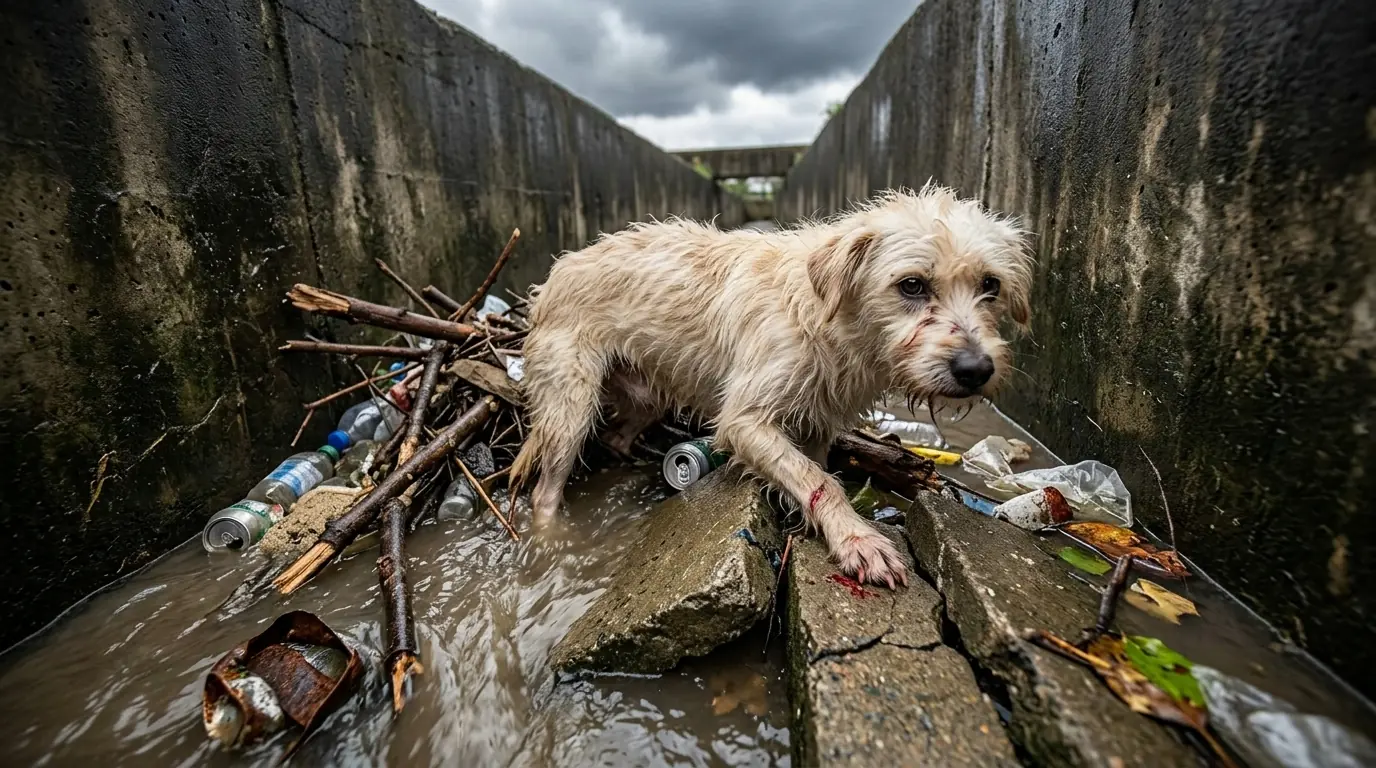 Emergency Flood Rescue Saves Stray Dog Trapped Inside Concrete Drainage Canal