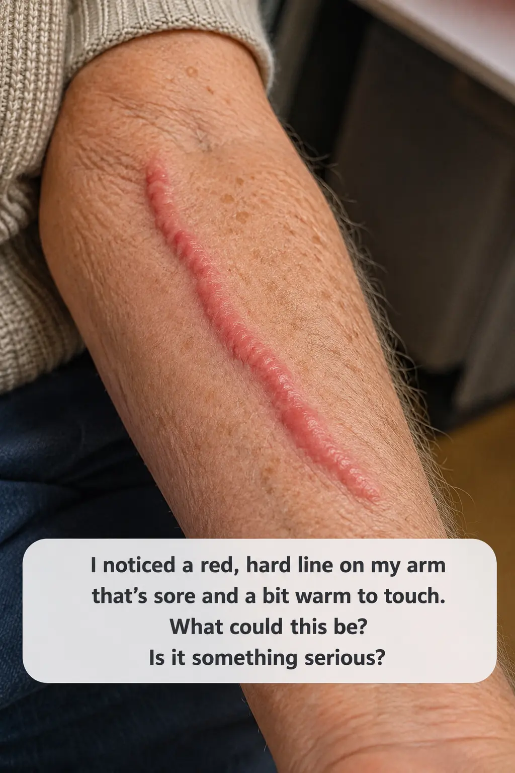 My grandfather woke up with this swollen red cord like vein on his arm. It is tender and warm but the urgent care is closed until tomorrow. Should we go to the ER?