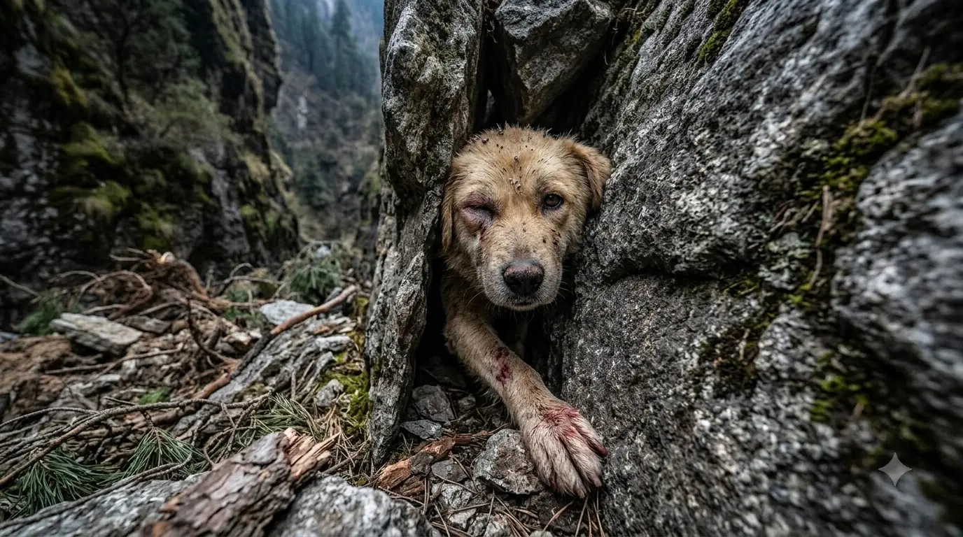 Emergency Mountain Rescue Saves Stray Dog Trapped Between Massive Boulders After Landslide