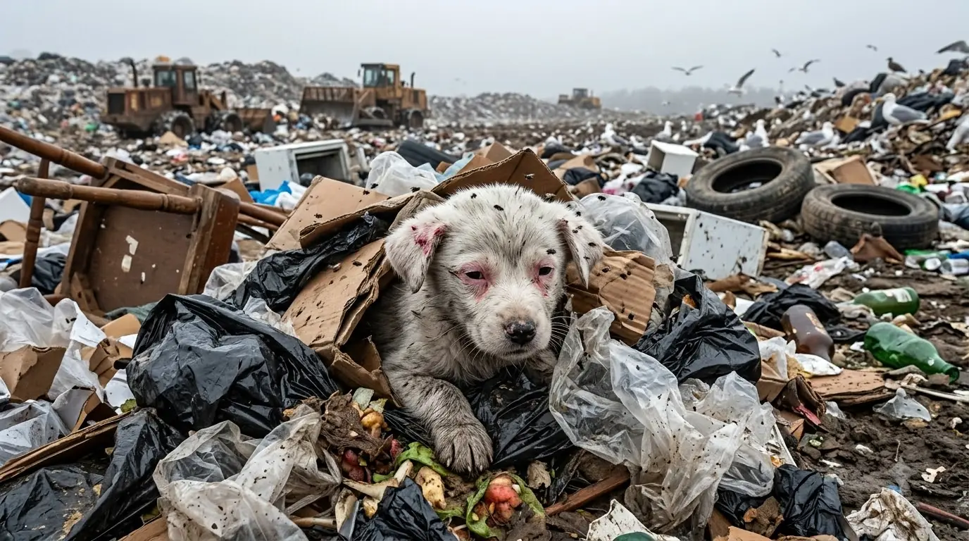 Emergency Animal Rescue Saves Abandoned Puppy Buried Beneath Mountains of Garbage at Massive Landfill
