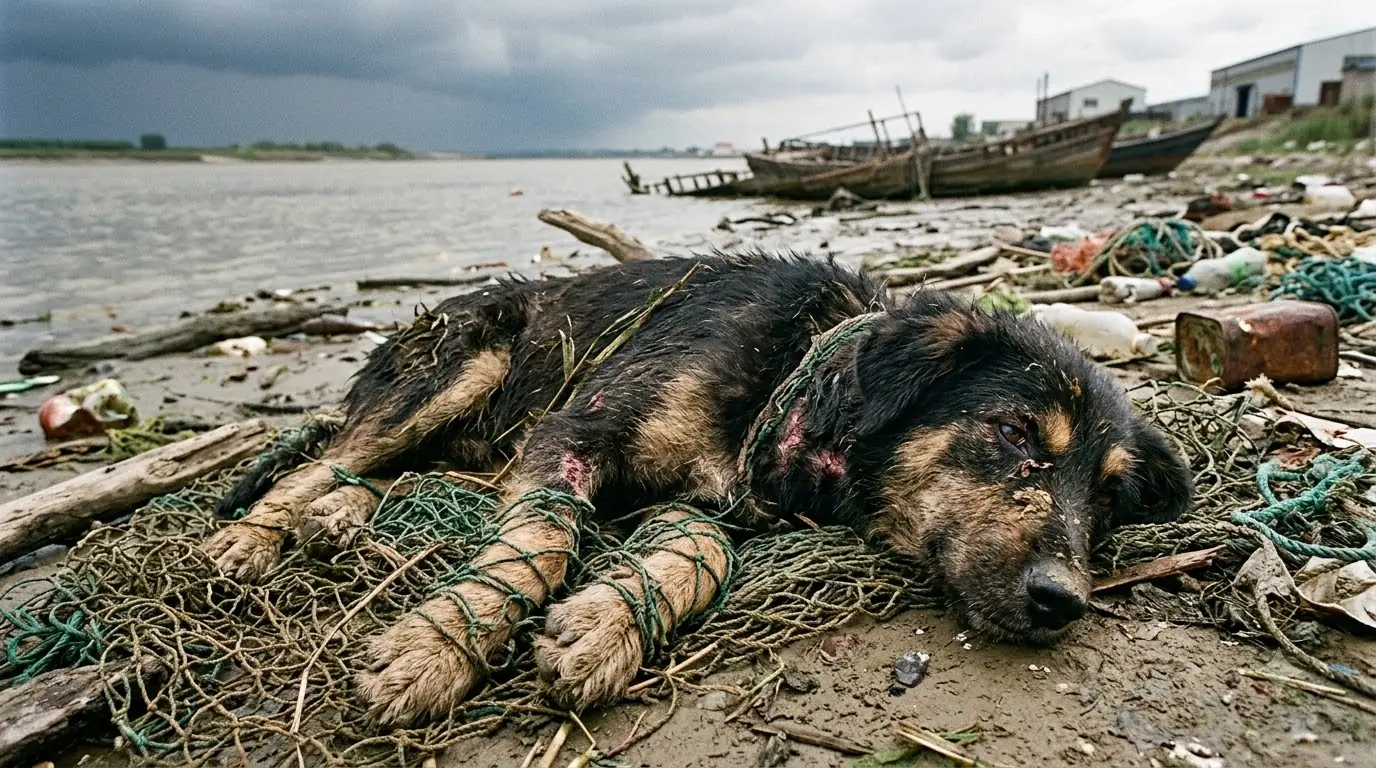 Emergency River Rescue Saves Stray Dog Entangled in Abandoned Fishing Net