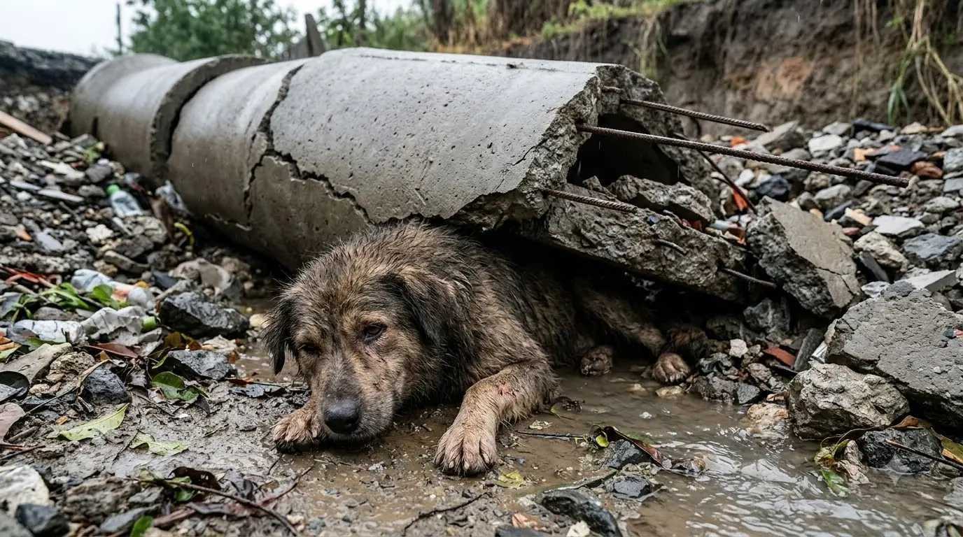 Emergency Disaster Rescue Saves Stray Dog Trapped Beneath Collapsed Concrete Drainage Pipe