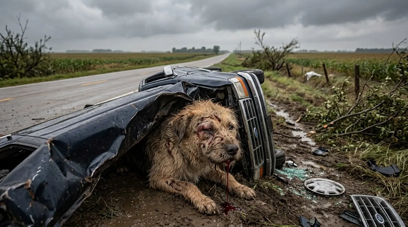 Emergency Highway Rescue Saves Stray Dog Trapped Beneath Overturned Pickup Truck After Violent Storm