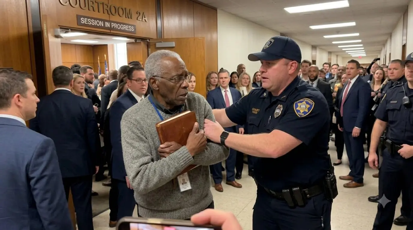 The Officer Shoved an Old Man Outside the Courtroom — Then the Bailiff Stood at Attention