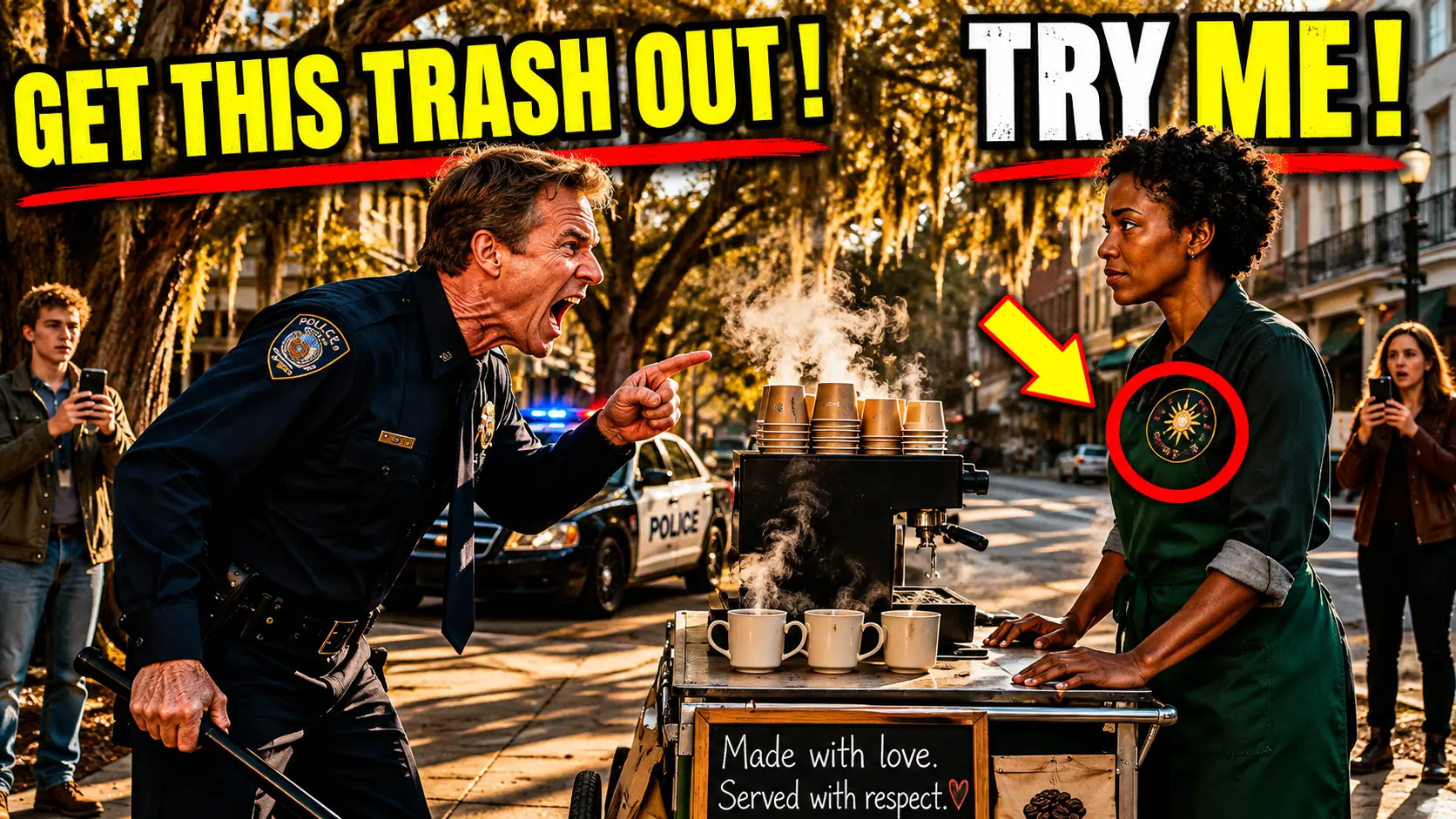 Cop Kicks Black Coffee Vendor's Cart In Street His Voice Cracks as She Reads Out a Federal Number
