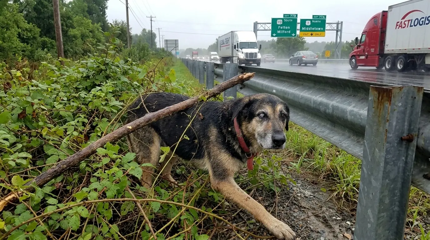 A Frightened Dog Was Found Trapped in a Thorn Bush Beside the Highway