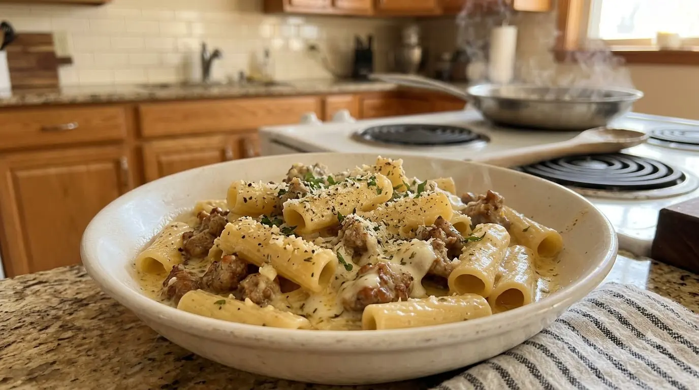 Creamy Mozzarella Sausage Rigatoni – A Rich Garlic Herb Pasta with the Ultimate Cheesy Sauce