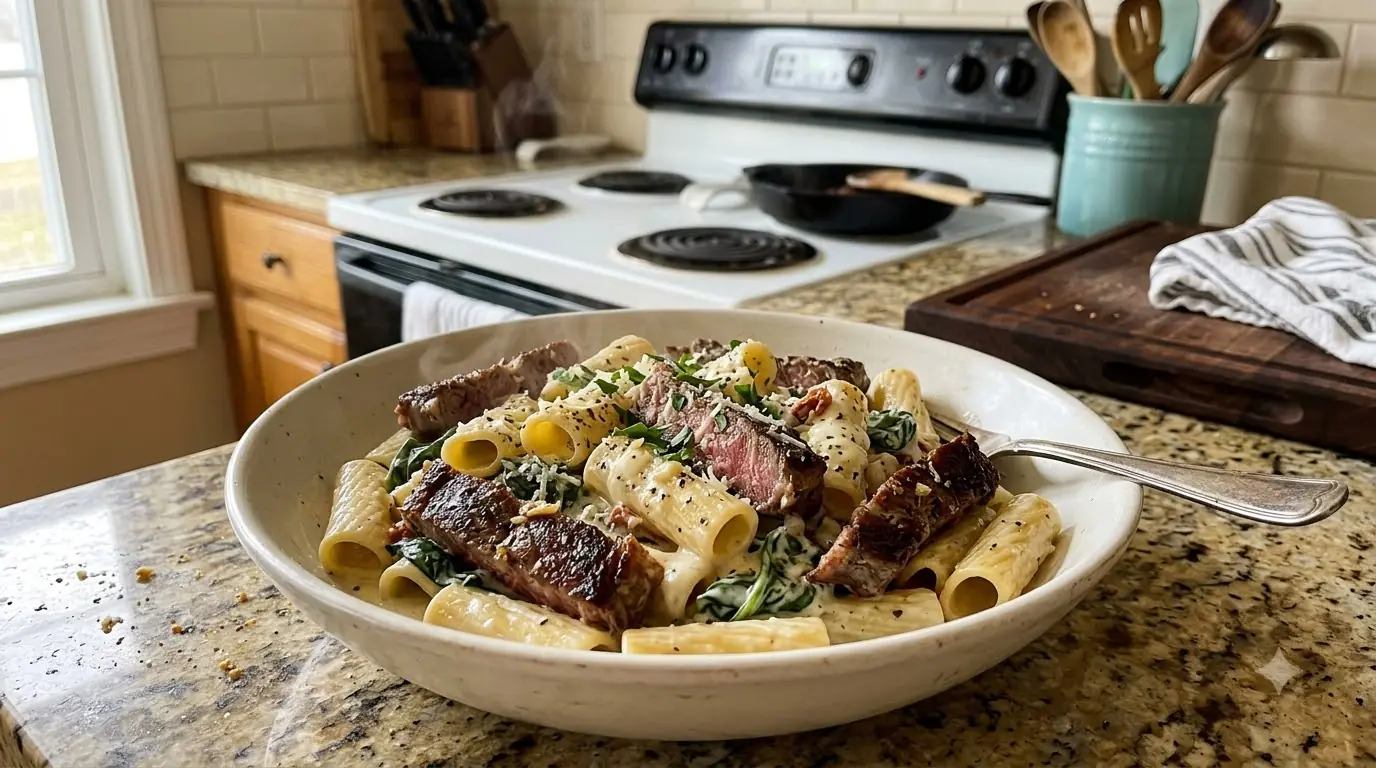 Creamy Tuscan Steak Rigatoni – Tender Steak, Spinach & Mozzarella in a Rich Garlic Parmesan Cream Sauce