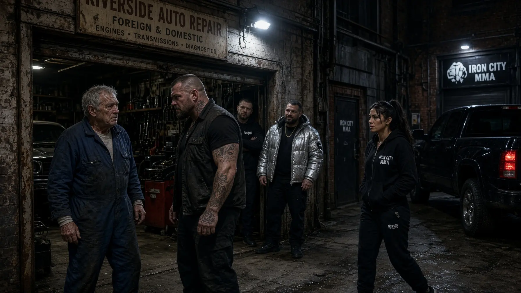 Three Thugs Shoved the Old Mechanic — Then He Stepped Between Them and the Fighter