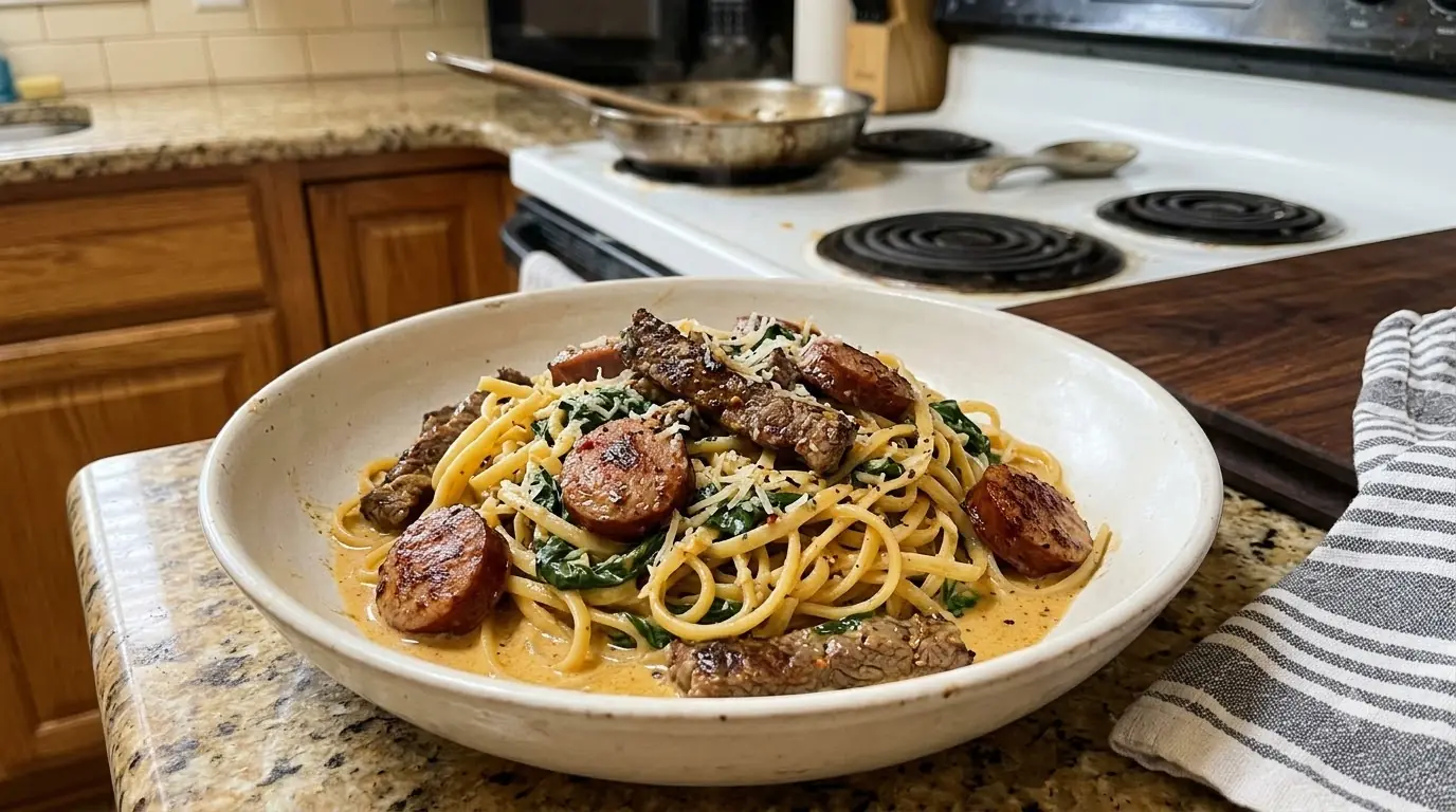Creamy Cajun Beef & Sausage Linguine – Bold, Smoky Pasta with a Garlic Spinach Cream Sauce