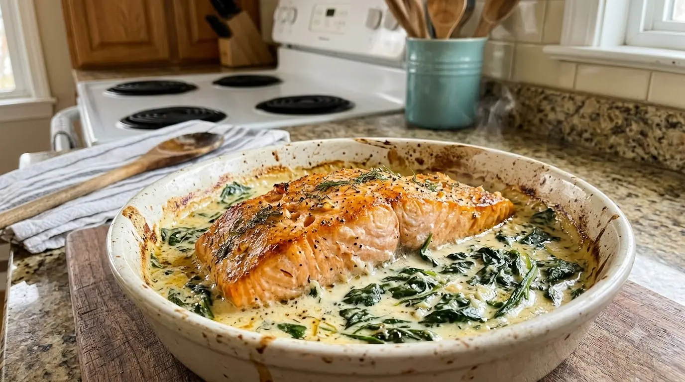 Oven-Baked Salmon with Creamy Spinach Sauce – Tender, Flaky Salmon in a Rich Garlic Parmesan Cream
