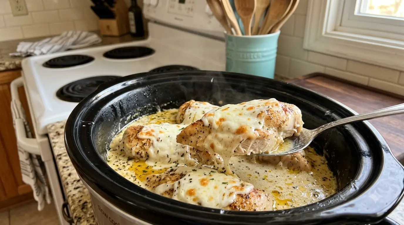 Slow Cooker Creamy Mozzarella Chicken – Tender, Cheesy Chicken in a Rich Garlic Parmesan Sauce
