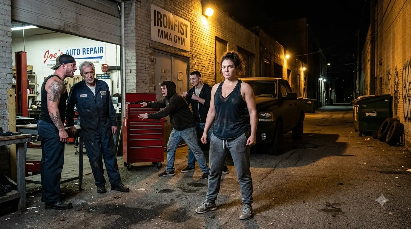 Three Thugs Cornered the Old Mechanic — Then the Woman Beside Him Stepped In