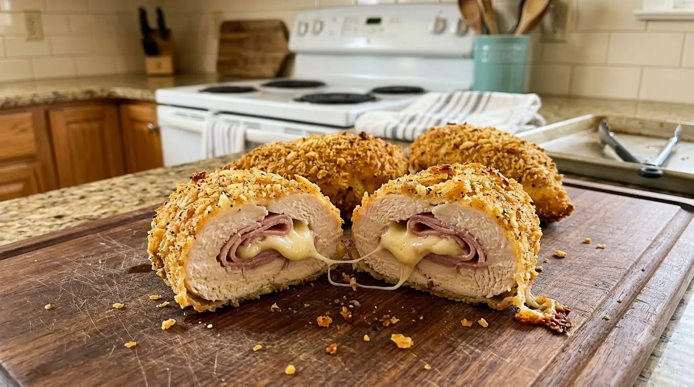 Crispy Ham & Cheese Stuffed Chicken – Golden, Juicy & Loaded with Gooey Melted Cheese