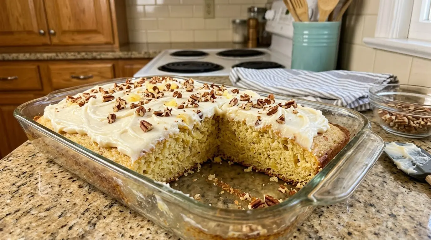 Southern Creamy Pineapple Pecan Cake – Ultra-Moist, Nutty & Topped with Luscious Cream Cheese Frosting