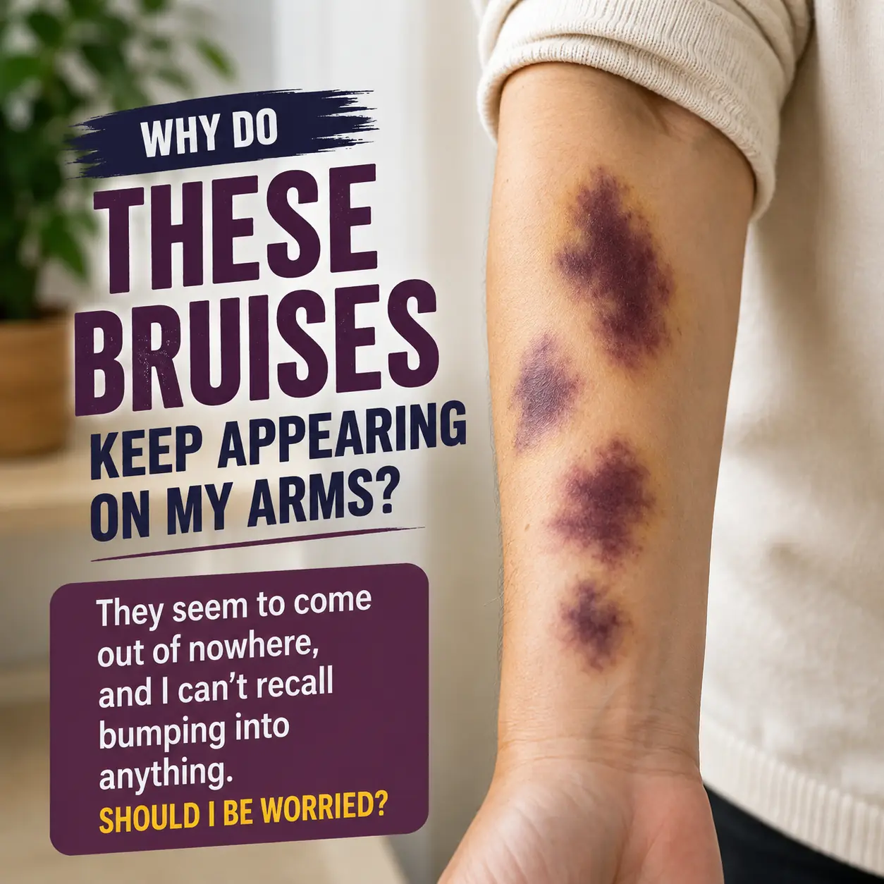 These dark bruises keep showing up on my forearms and I don’t remember bumping into anything. What’s going on?