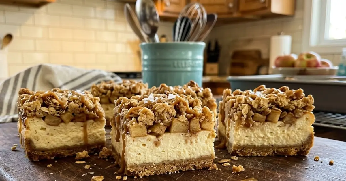 Salted Caramel Apple Crumble Cheesecake Bars – Creamy, Buttery & Loaded with Cozy Apple Pie Flavor
