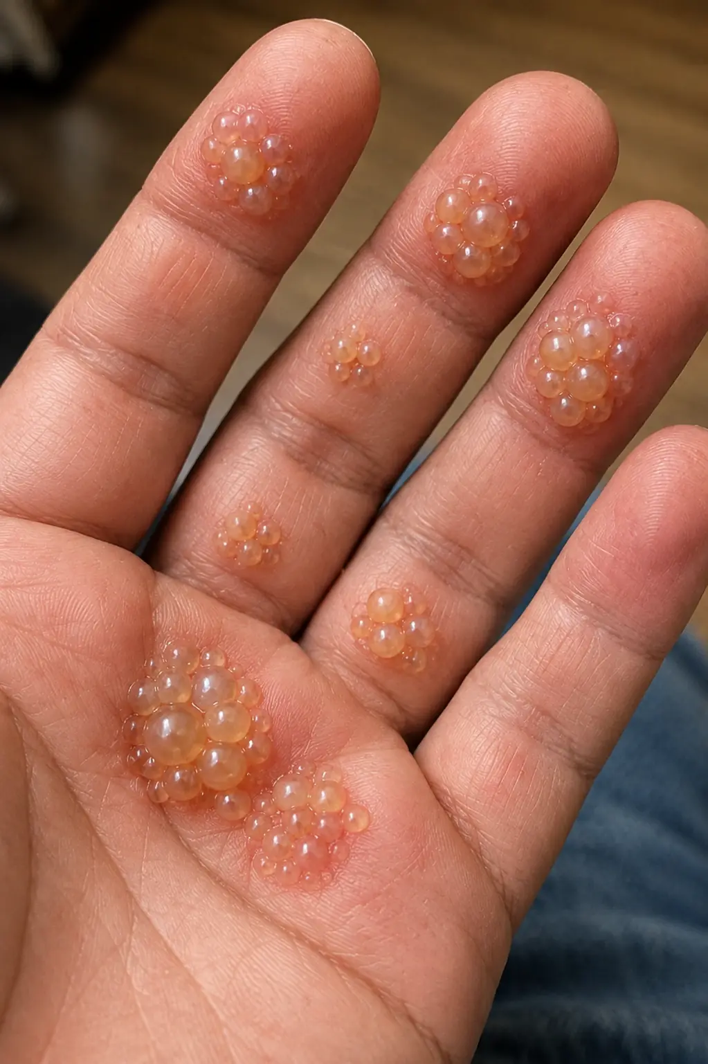 Husband's fingers are covered in these tiny water blisters. He can't even type for work. We need help asap!