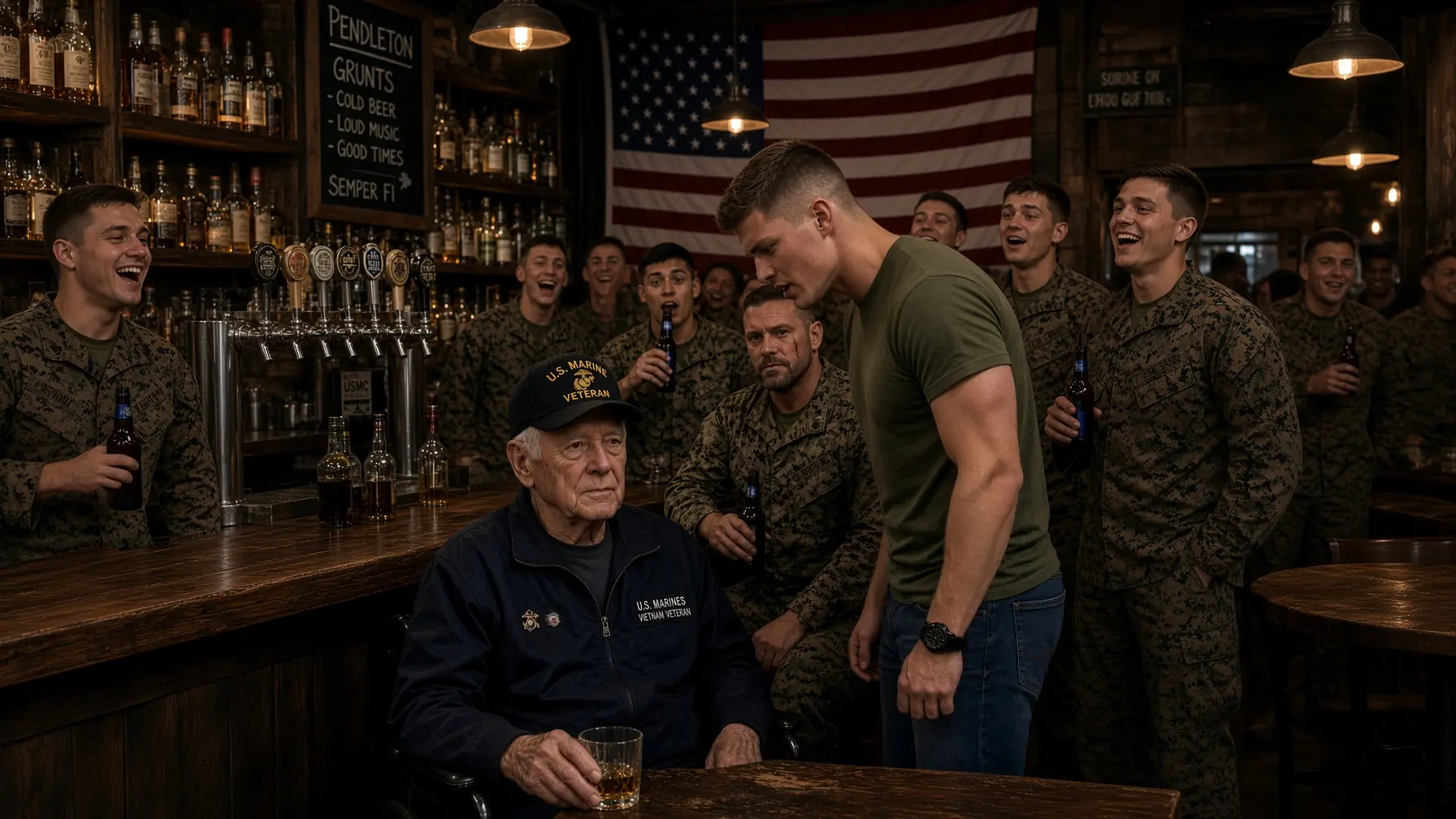 Young Marines Mocked an Old Man in a Wheelchair — Then Two Words Made the Entire Bar Go Silent
