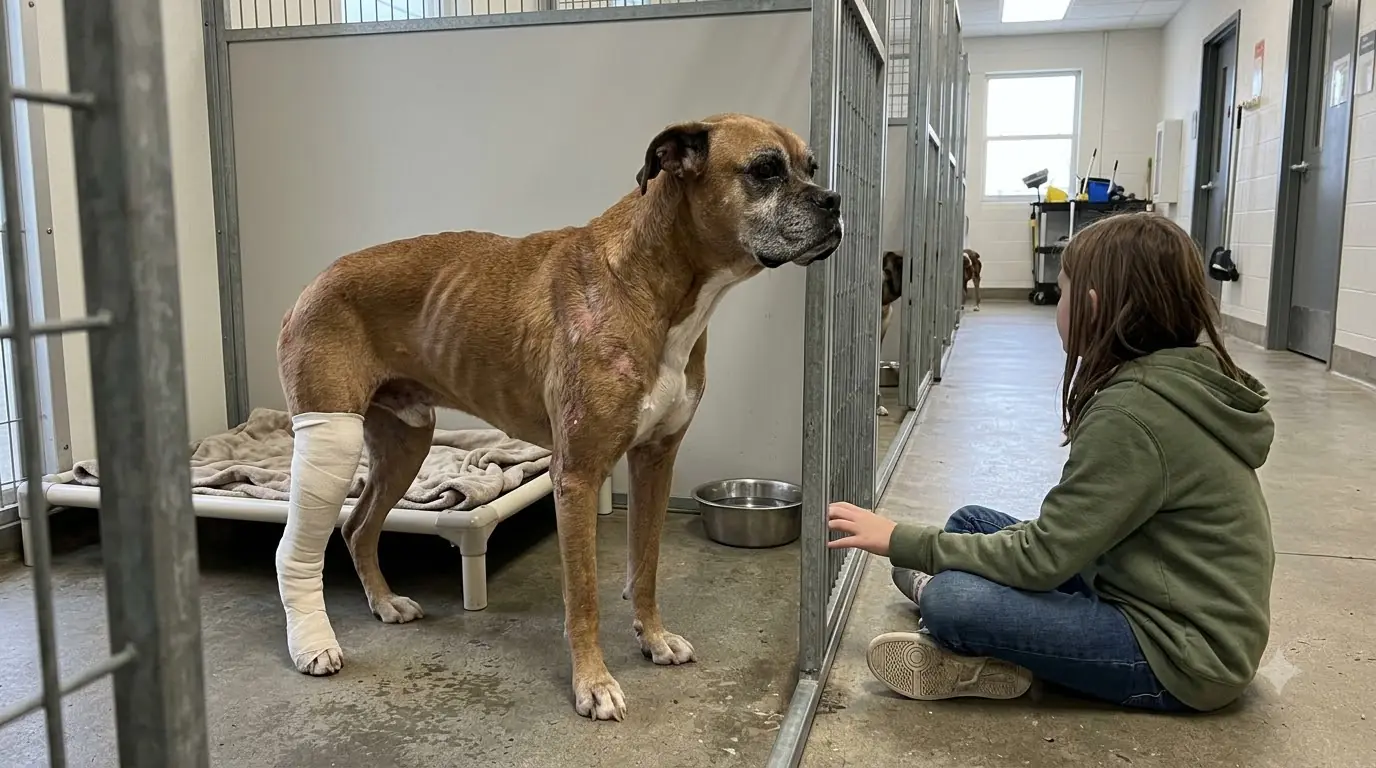 Injured Boxer Mix Rescued With a Painful Leg After He Could No Longer Greet Shelter Visitors