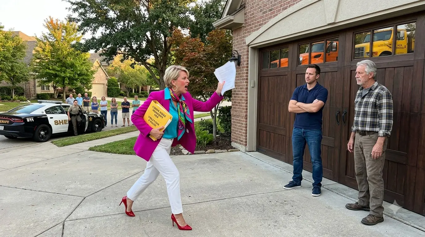 The HOA President Stormed Into His Driveway Screaming About “Her” Trucks — Then the Sheriff Asked One Question She Couldn’t Answer