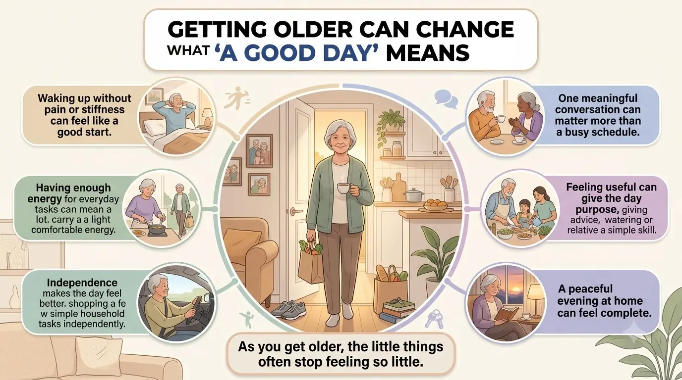 GETTING OLDER CAN CHANGE WHAT “A GOOD DAY” MEANS