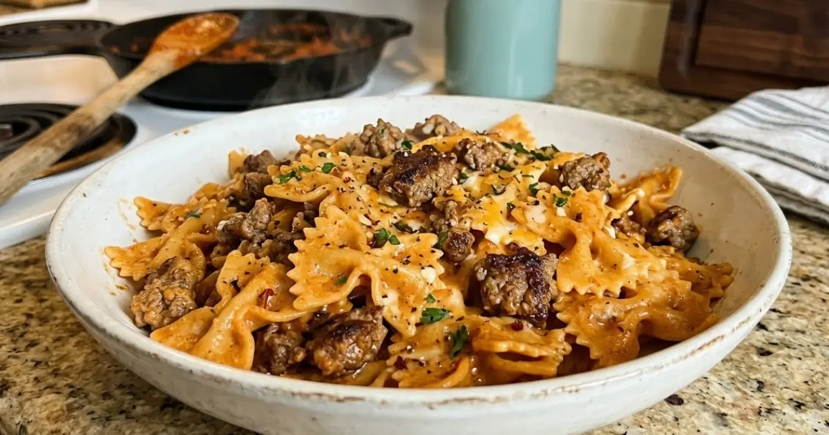 Cheesy Ground Beef Bowtie Pasta – Creamy Paprika Sauce, Savory Beef & Loads of Melted Cheese
