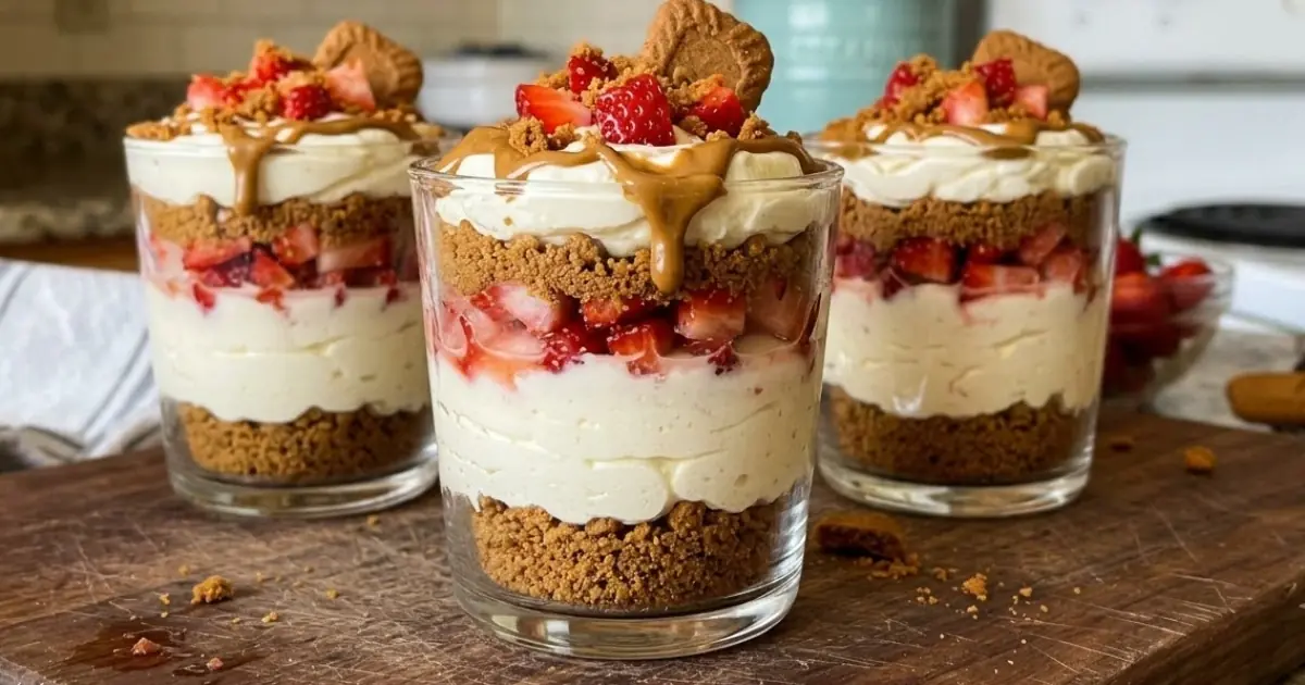 Biscoff Strawberry Cheesecake Verrines – Creamy, Fruity & Layered with Caramelized Cookie Crunch