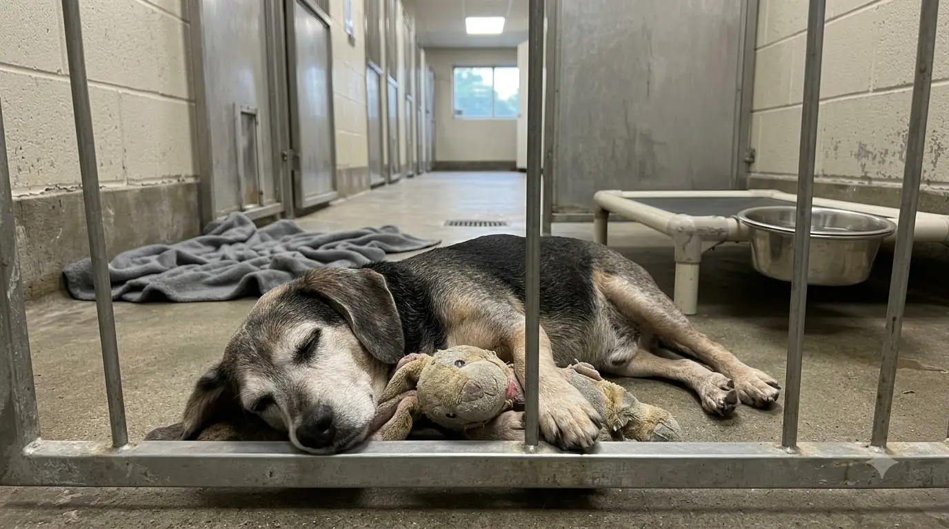 Senior Shelter Dog Walter Still Carries His Rabbit to the Kennel Door