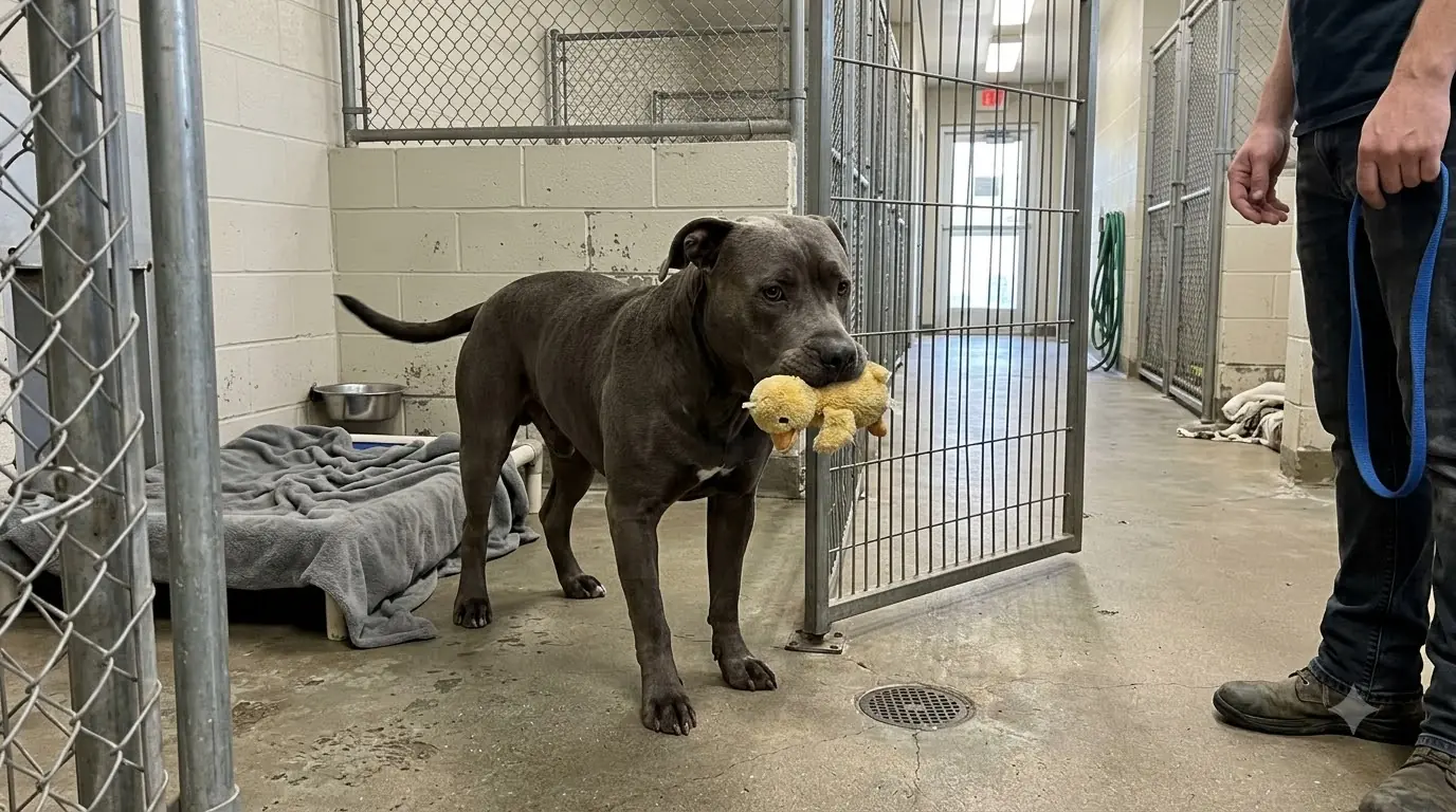 Big Shelter Dog Moose Kept Bringing His Tiny Duck to the Kennel Door