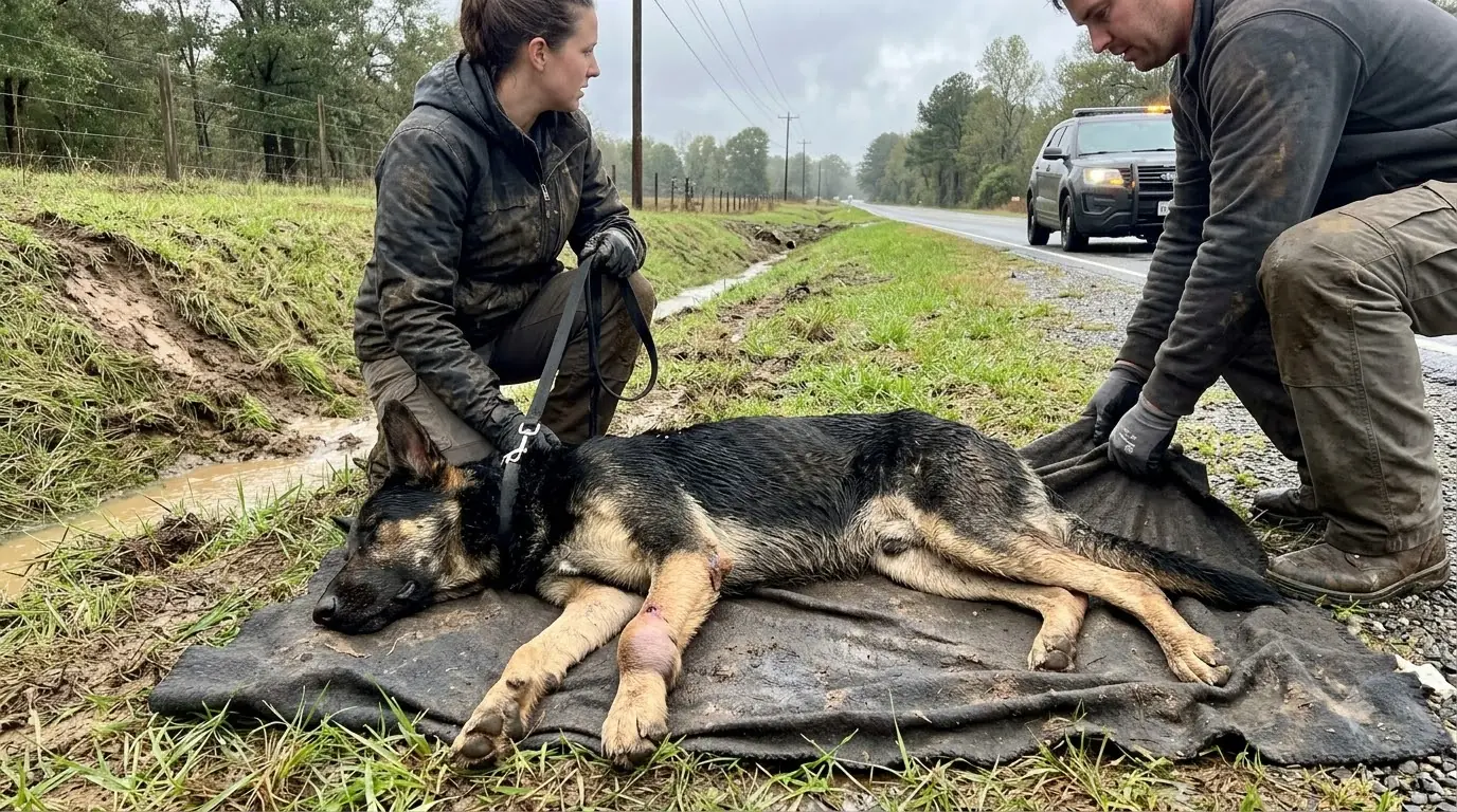 Rescue Dog Duke Was Pulled From a Rain-Filled Roadside Ditch With a Severely Injured Leg