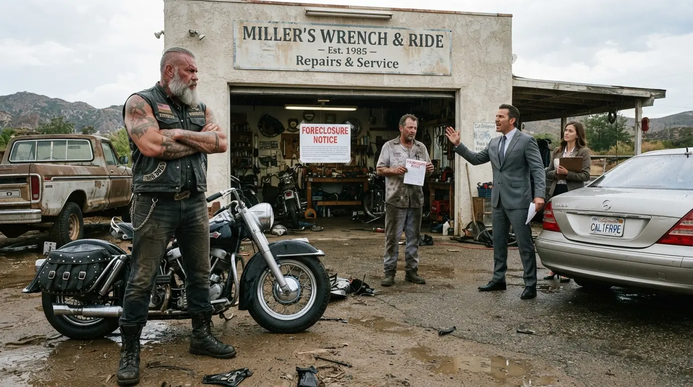 The Bank Came to Take His Shop — Then the Biker From Last Night Walked Back In