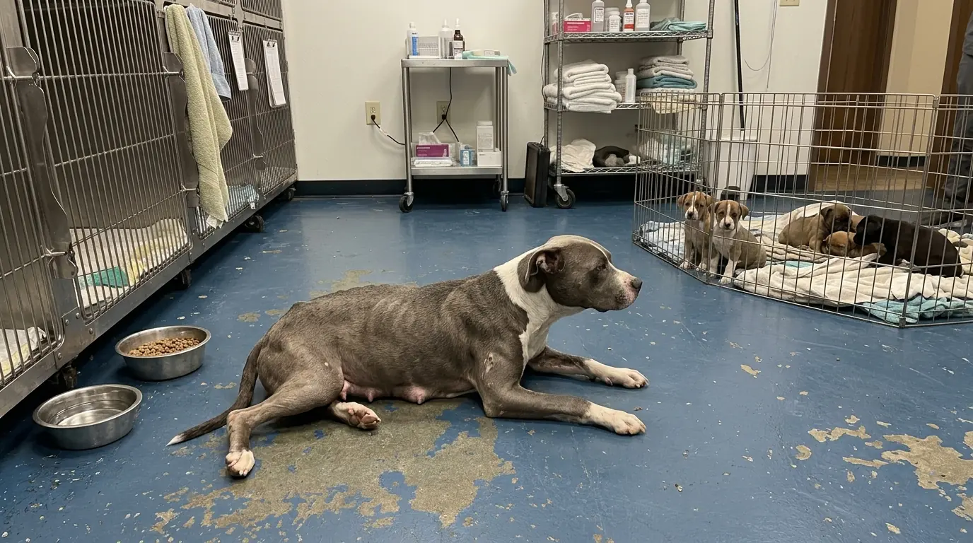 Rescue Dog Sadie Crawled to Her Six Puppies Before Touching Her Own Breakfast