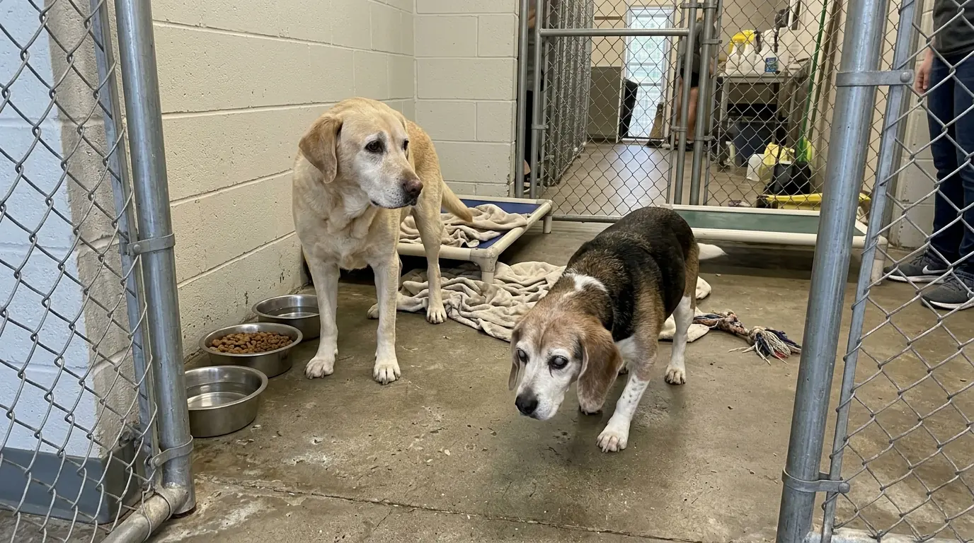 Rescue Dog Molly Waited Beside Every Bowl Until Blind Senior Beagle Henry Found His Way to Her