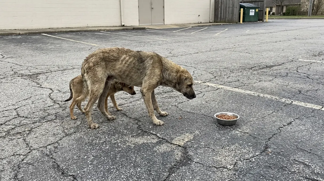 Thin Rescue Dog Mason Waited in the Empty Parking Lot Until Little Rosie Reached the Food First