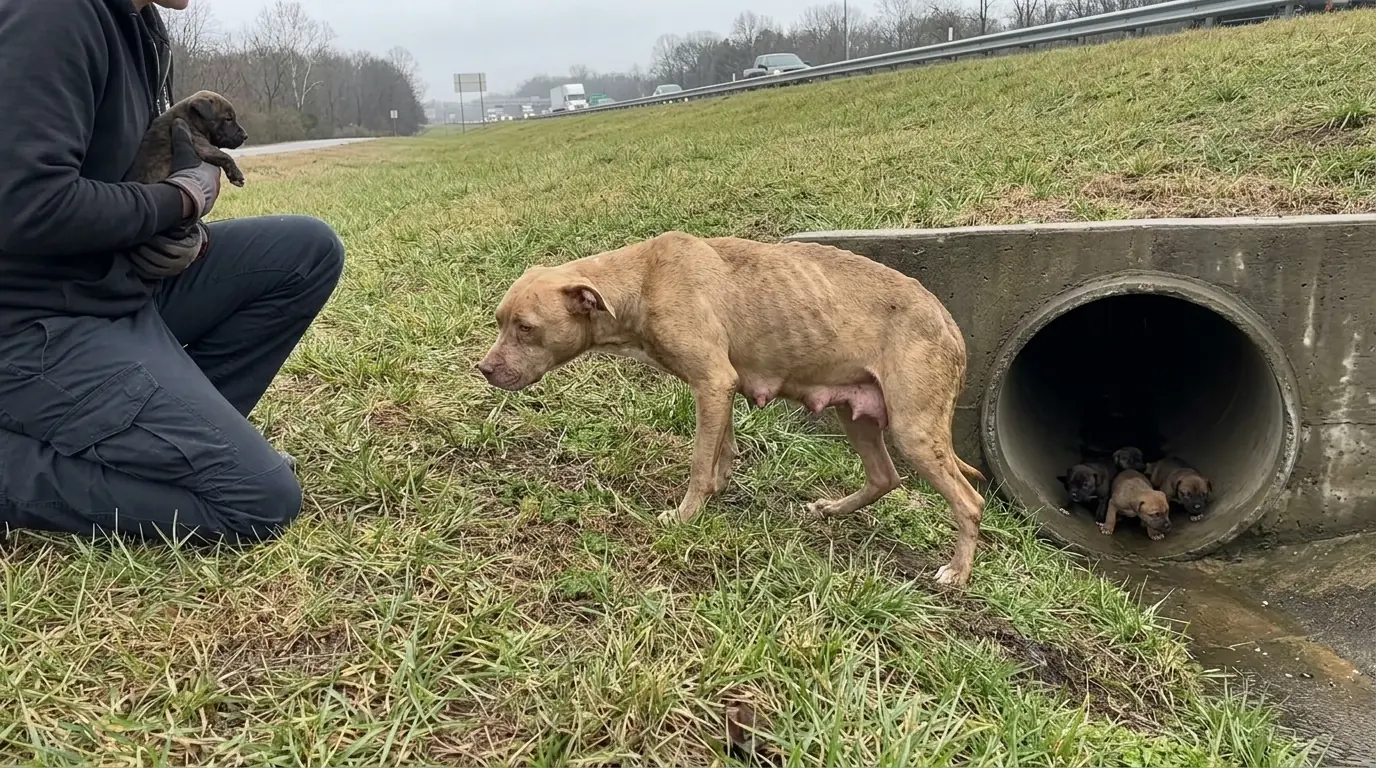 Rescue Dog Daisy Kept Returning to the Highway Drain Where Her Four Nursing Puppies Were Hidden