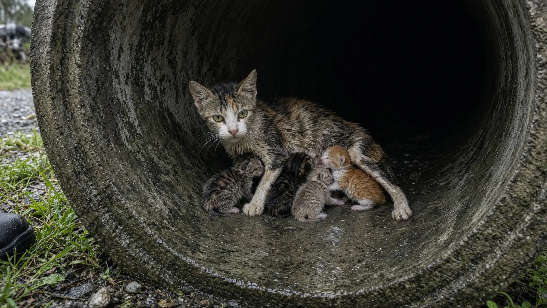 Calico Rescue Cat Maisie Kept Nursing Four Kittens Inside a Cold Roadside Drain