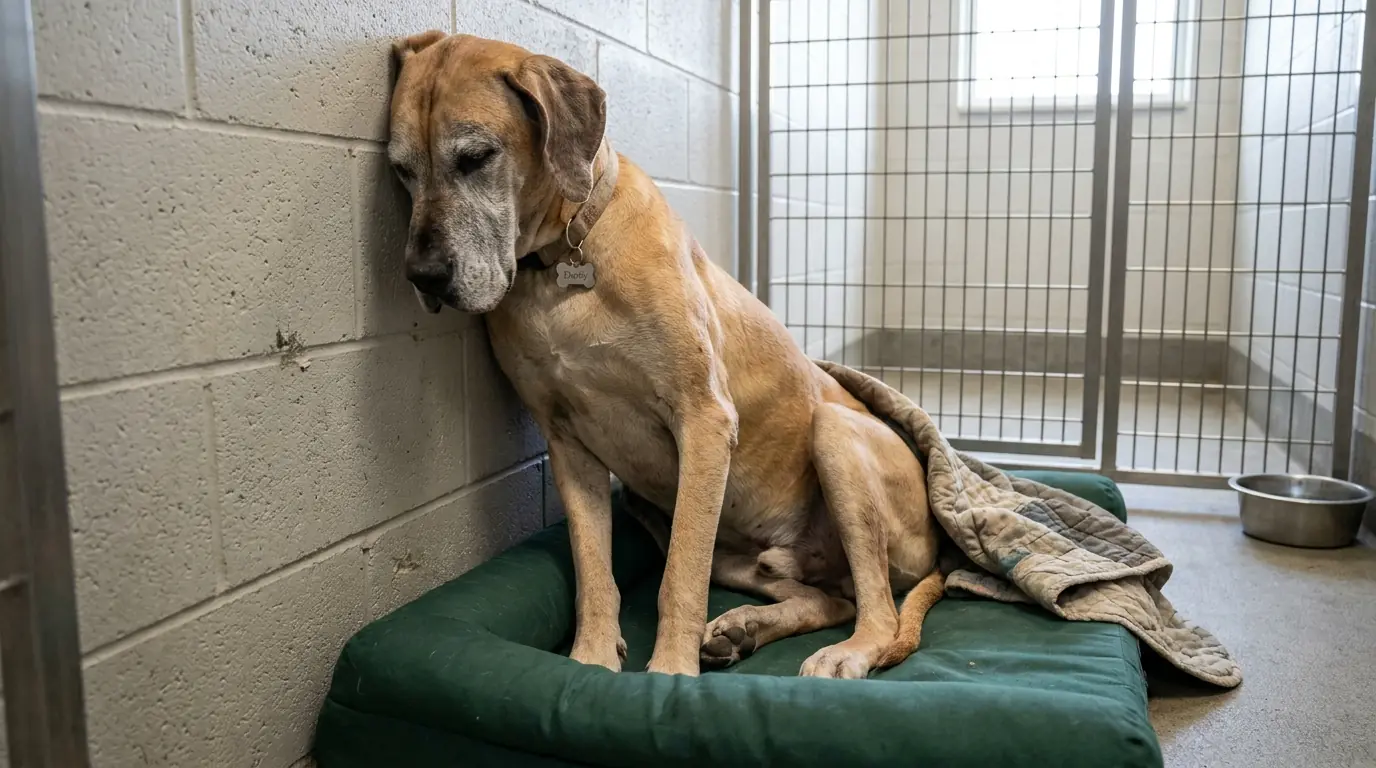 Senior Shelter Dog Eleanor Sleeps Sitting Against the Kennel Wall Because Lying Down Hurts Too Much