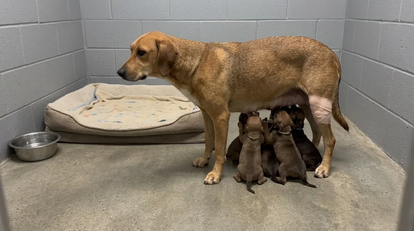 Mother Hound Mix Daisy Can’t Climb Into the Bed Where Her Nursing Puppies Are Sleeping