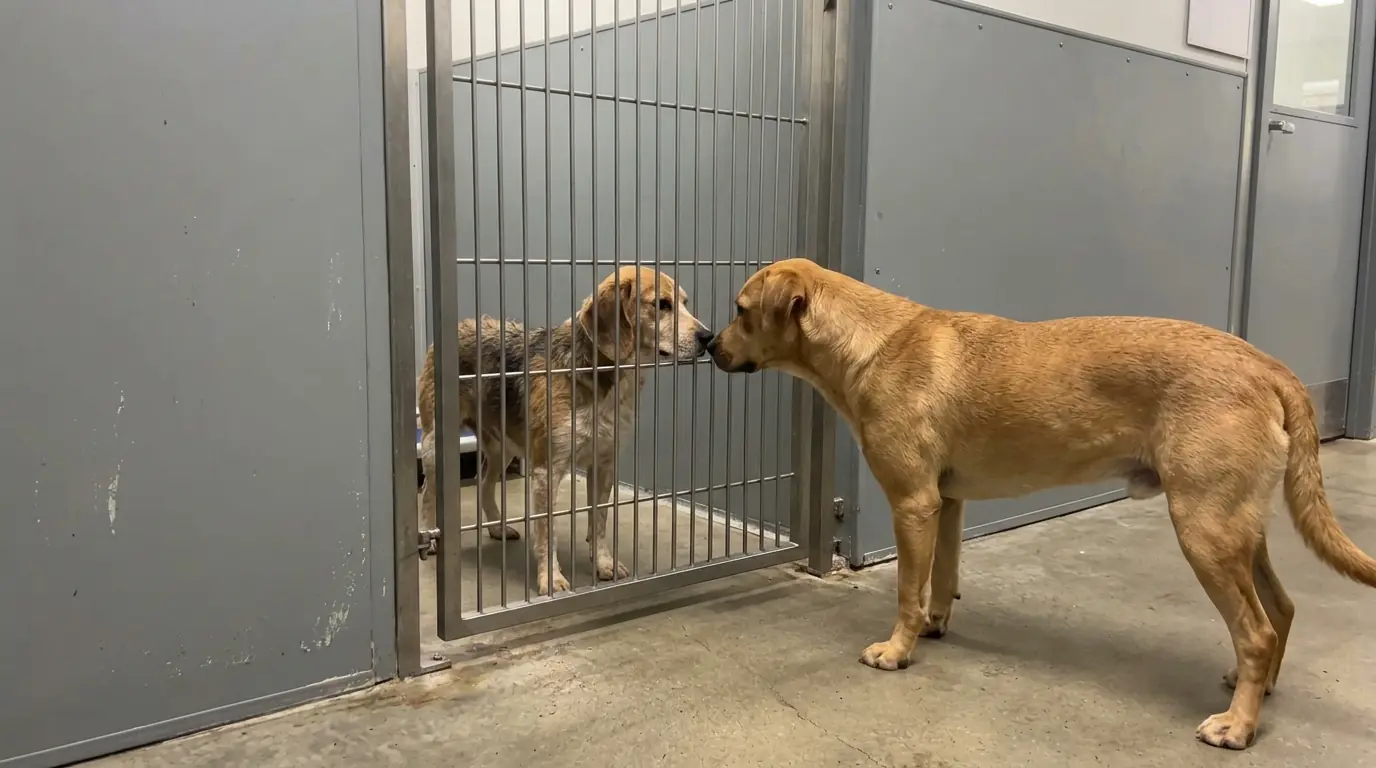Lab Mix Cooper Keeps Stopping at the Medical Kennel Bars to Reach the Beagle He Used to Live With