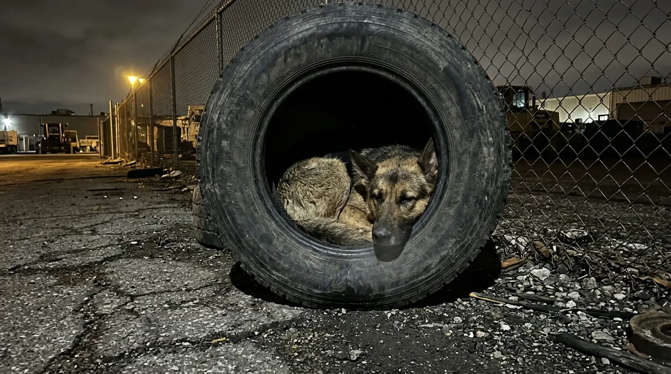 Stray Shepherd Mix Ranger Sleeps Curled Inside an Abandoned Truck Tire Because It Is the Only Place That Blocks the Wind