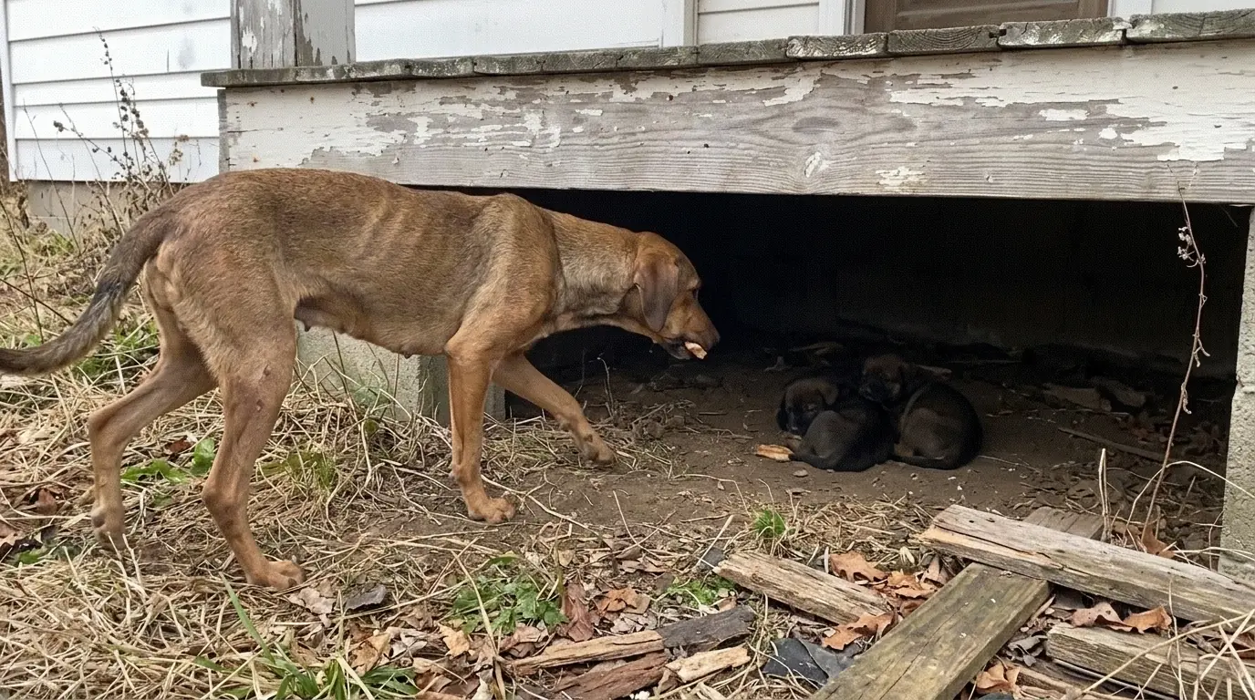 Injured Stray Hound Mix Ruby Keeps Carrying Every Piece of Food Back Under a Collapsed Porch to Her Puppies