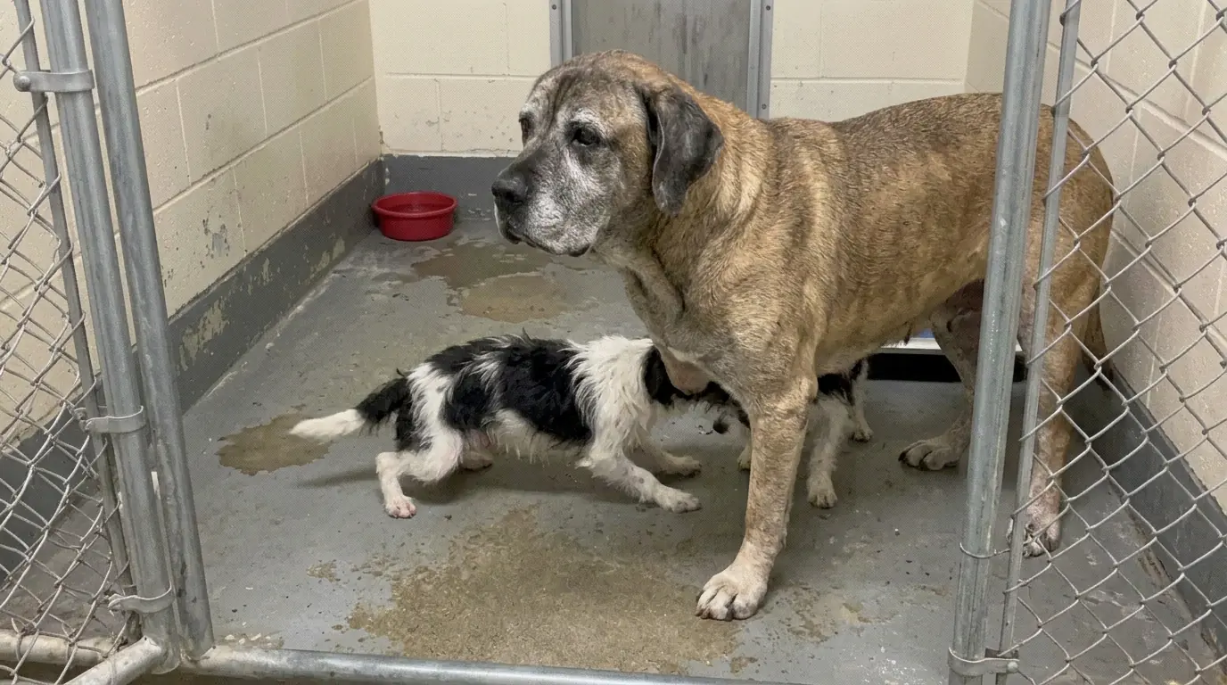 Noise-Sensitive Terrier Mix Penny Crawls Under a Three-Legged Mastiff Whenever the Shelter Gets Too Loud