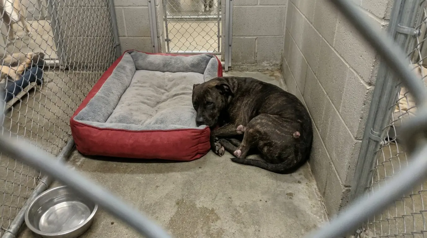 Adult Shelter Dog Bruno Still Sleeps on Bare Concrete Even With a Soft Bed Inches Away