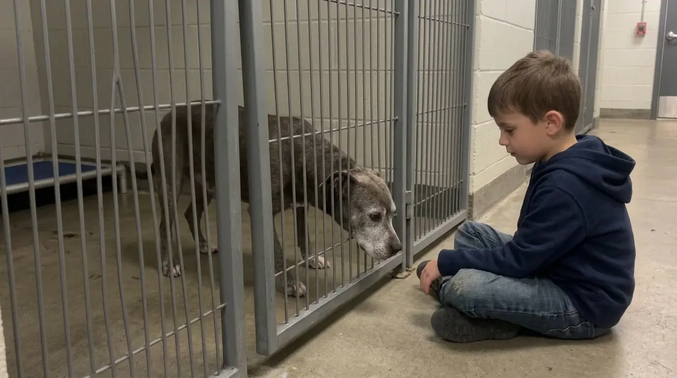 Partially Deaf Senior Pit Bull Mix Walter Hides From Passing Visitors but Comes Forward When One Little Boy Sits Completely Still