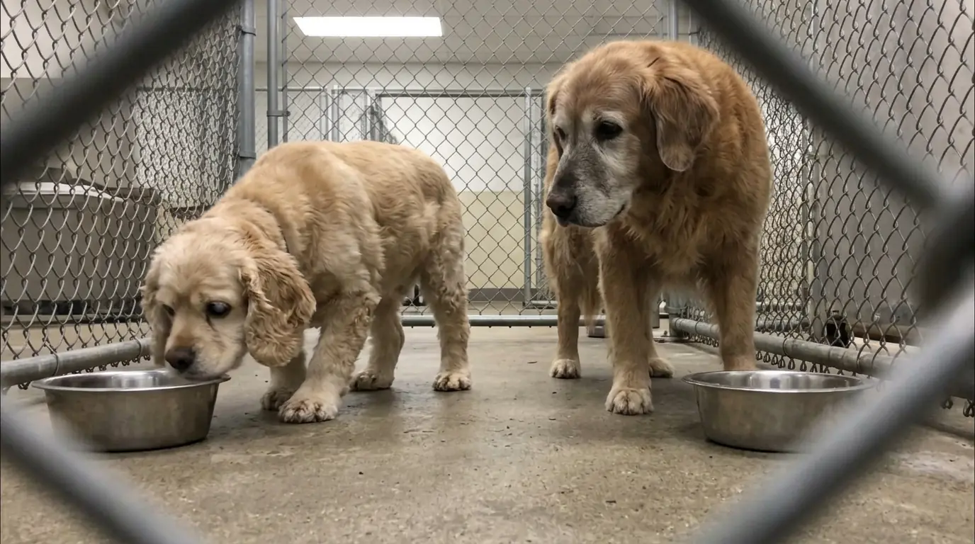 Senior Golden Mix Charlie Won’t Touch His Food Until the Nearly Blind Cocker Spaniel Beside Him Finds Her Bowl